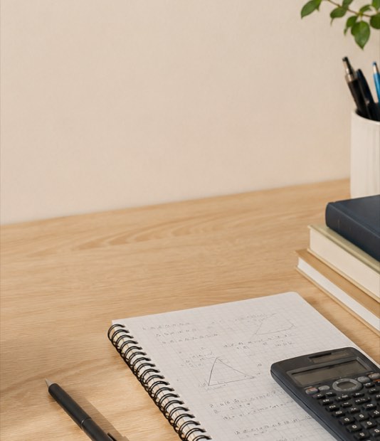 Secretária preparada para uma explicação de Matemática, com caderno, calculadora e livros