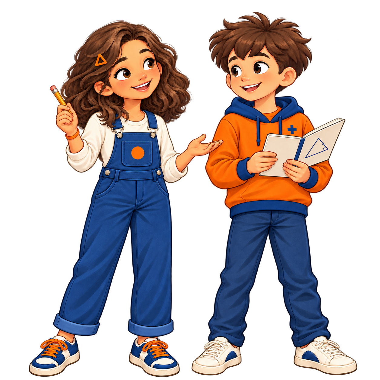 Personagens da Casa da Matemática, com um caderno e um lápis